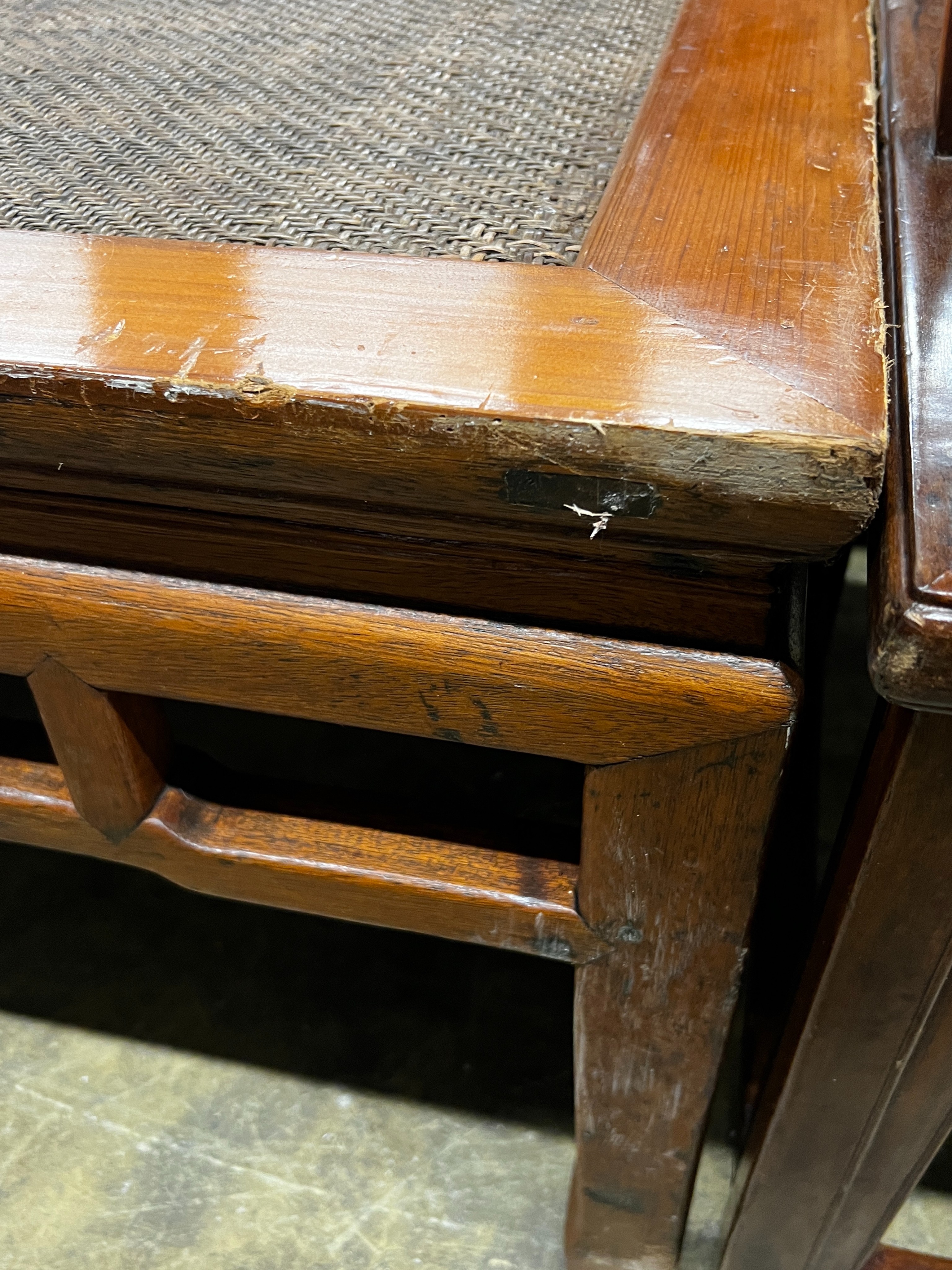 A Chinese square caned pine low table, width 97cm, height 51cm